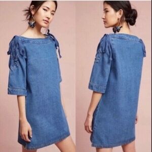 Anthropologie Maeve Lace up sleeve denim shirt dress size XL